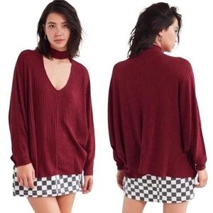 Urban Outfitters Open Mock Neck Sweater Burgundy Rib Knit Top